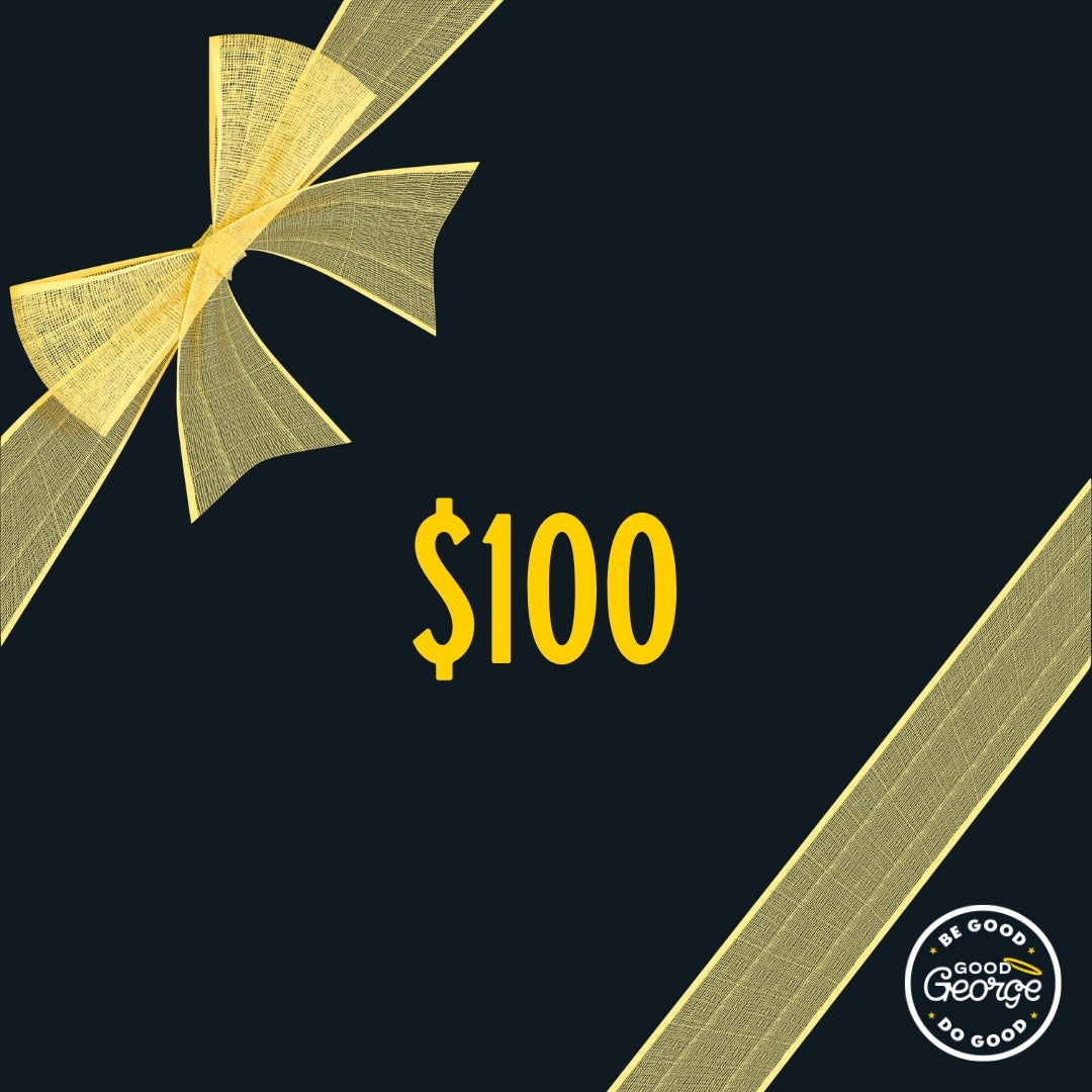 Gift card with a yellow bow and 'Be Good George' logo on a black background