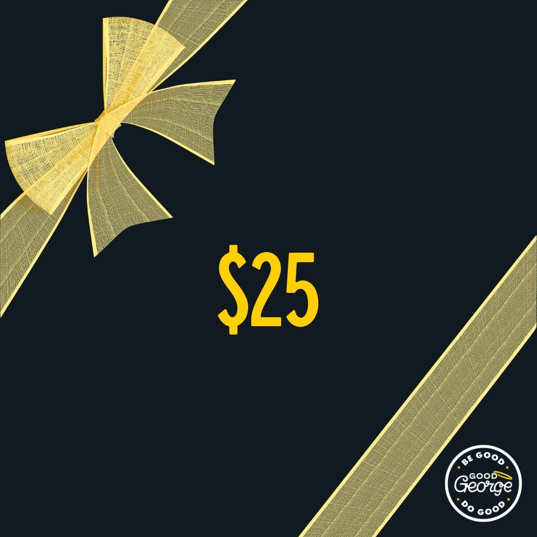 Black gift card with a yellow bow and 'Be Good George' logo.