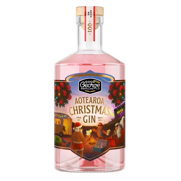 Bottle of Aotearoa Christmas Gin with festive label on a white background