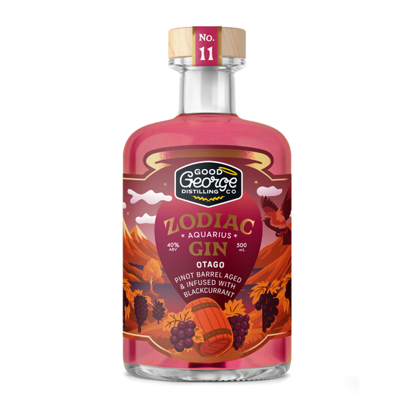 Bottle of Good George Distilling Co. Zodiac Gin with Aquarius design on a white background