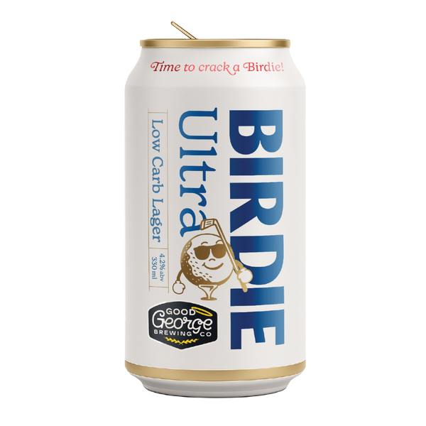 Can of Birdie Ultra Low Carb Lager with branding on a white background