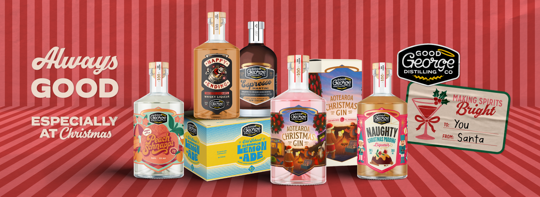 Collection of George Dickel bottles and packaging on a red background with text.