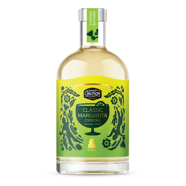 A bottle of Good George Classic Margarita Cocktail, featuring a bright lime green and green label with black illustrations and a silver cap, on a white background.