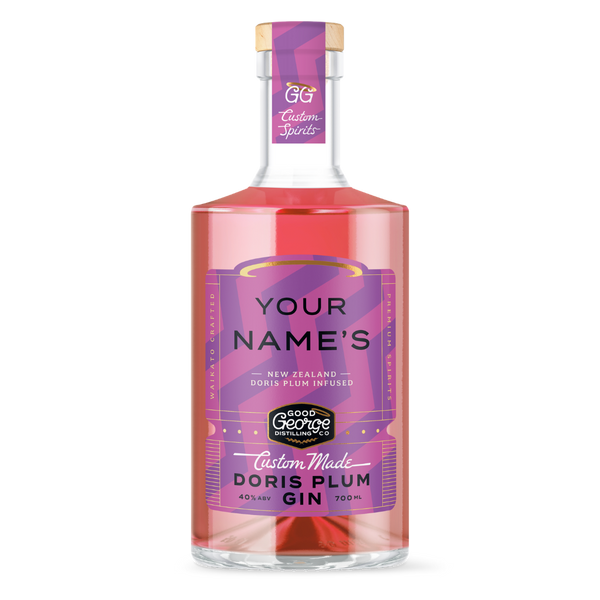 Bottle of Good George Doris Plum Gin with a custom name label on a white background