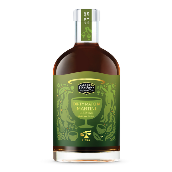 A bottle of Good Georges Libra Dirty Matcha Martini Cocktail, featuring a dark green label with matcha illustrations and a silver neck collar on a white background.