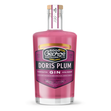 Pink bottle of Doris Plum Gin with a visible label on a white background
