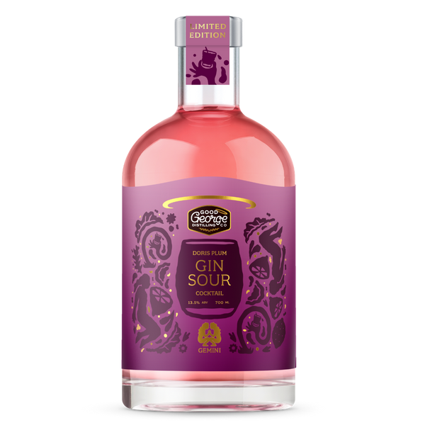 Bottle of Good George Doris Plum Gin Sour Cocktail on a white background