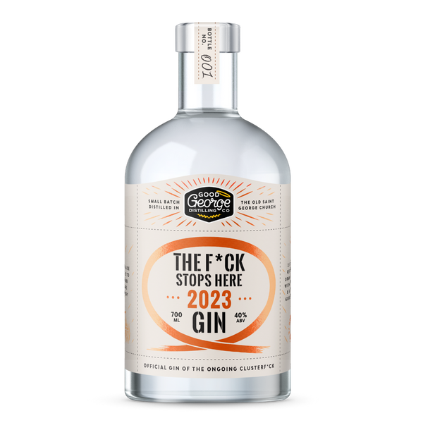 Bottle of Good George Gin with a humorous label on a white background