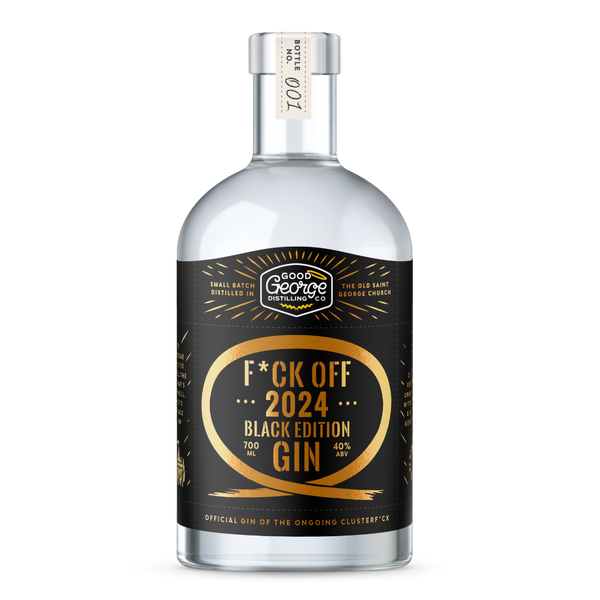 Bottle of Good George Gin with a black label on a white background