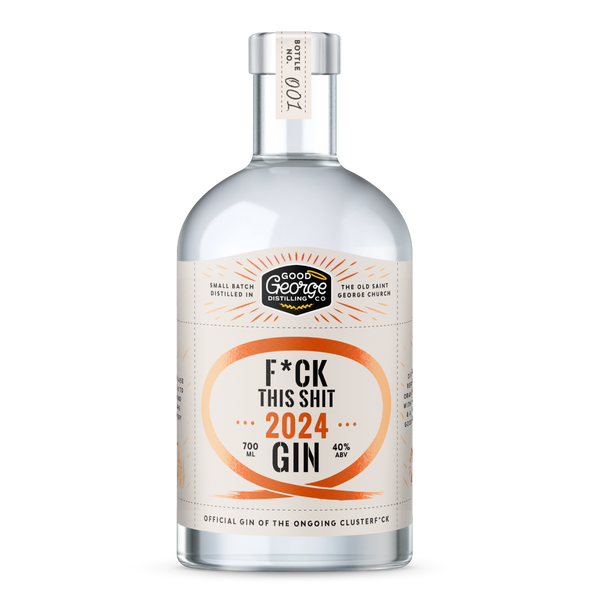 Bottle of Good George Gin with a humorous label on a white background