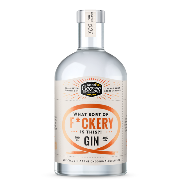 Bottle of gin with a humorous label on a white background