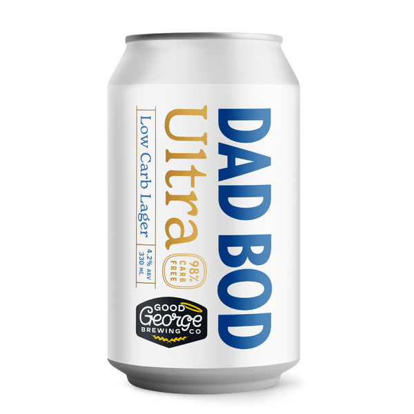 A 330 mL aluminum can of Good George Brewing Co. Dad Bod Ultra Low Carb Lager, featuring a white label with bold blue and gold typography, set against a plain white background.