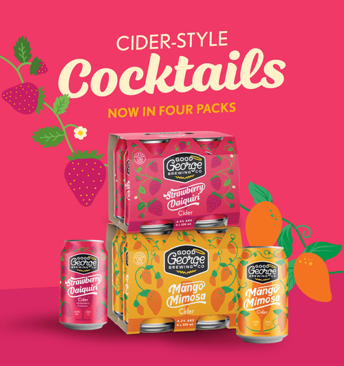 Cider-style cocktails packaging with strawberry daiquiri and mango mimosa flavors on a pink background.