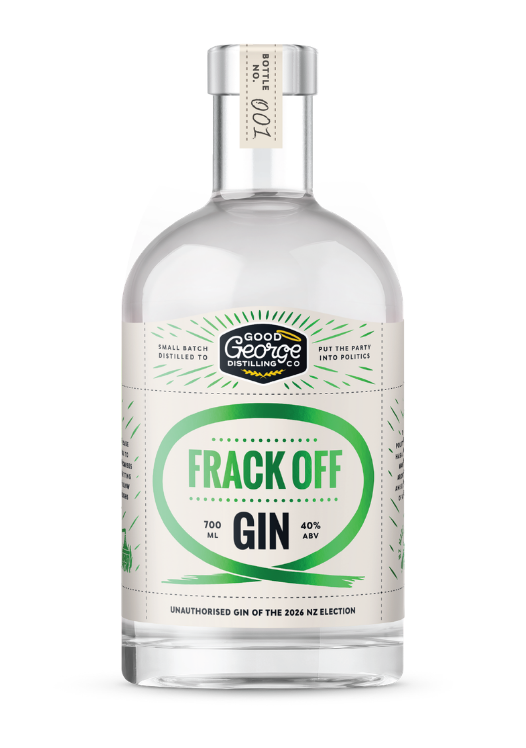 A 700ml clear glass bottle of Good George's Frack Off Gin, featuring a white label with green and black text, set against clear background.