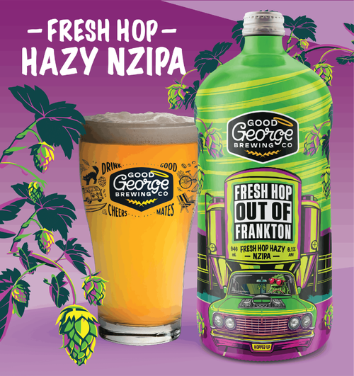 Good George Brewing Co. Fresh Hop Hazy NZIPA bottle and glass on a purple background with hop plants.