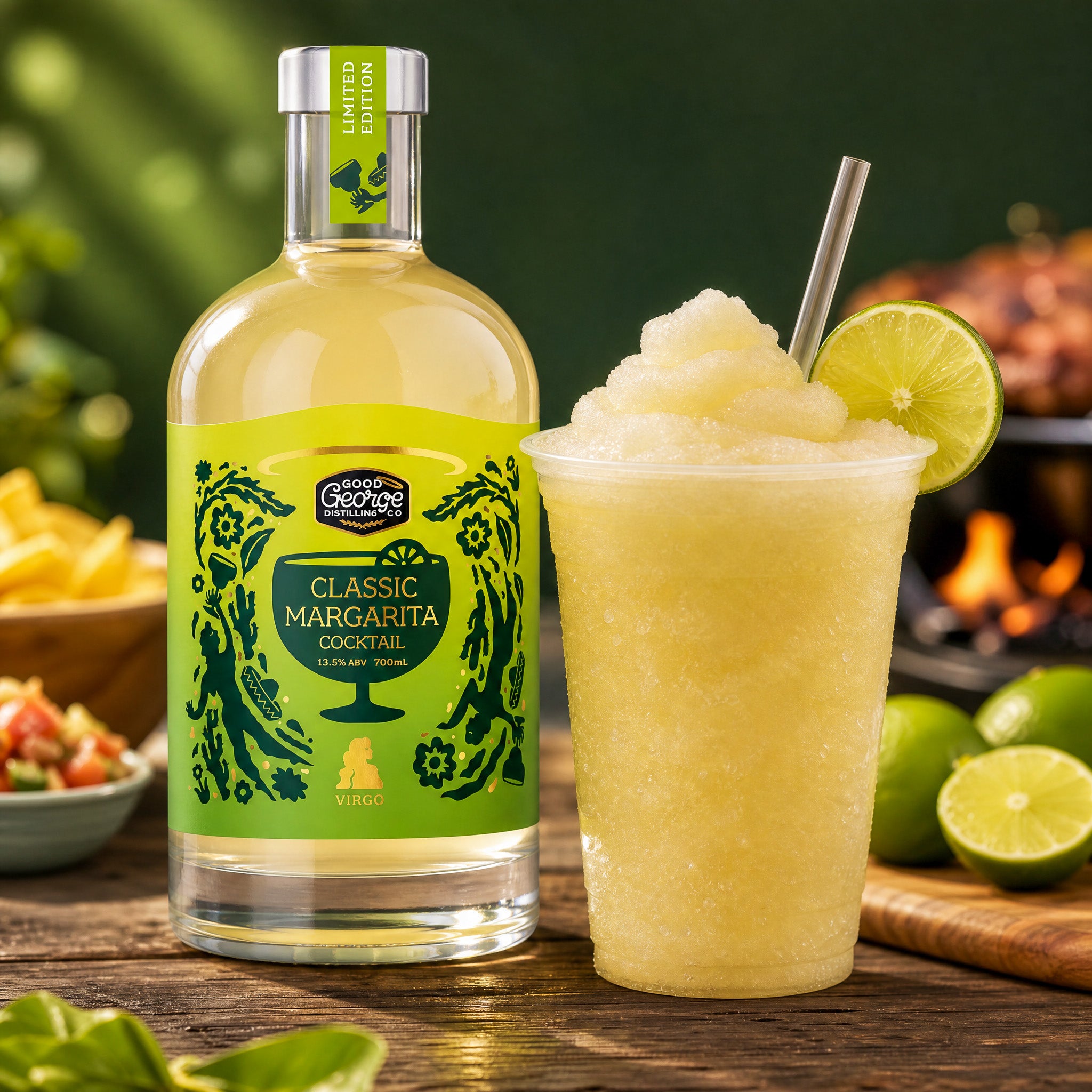 A bottle of Good George Classic Margarita Cocktail tequila stands next to a tall clear cup filled with a yellow frozen margarita drink, garnished with a lime wheel and a metal straw, on a wooden table with limes and food blurred in the background.