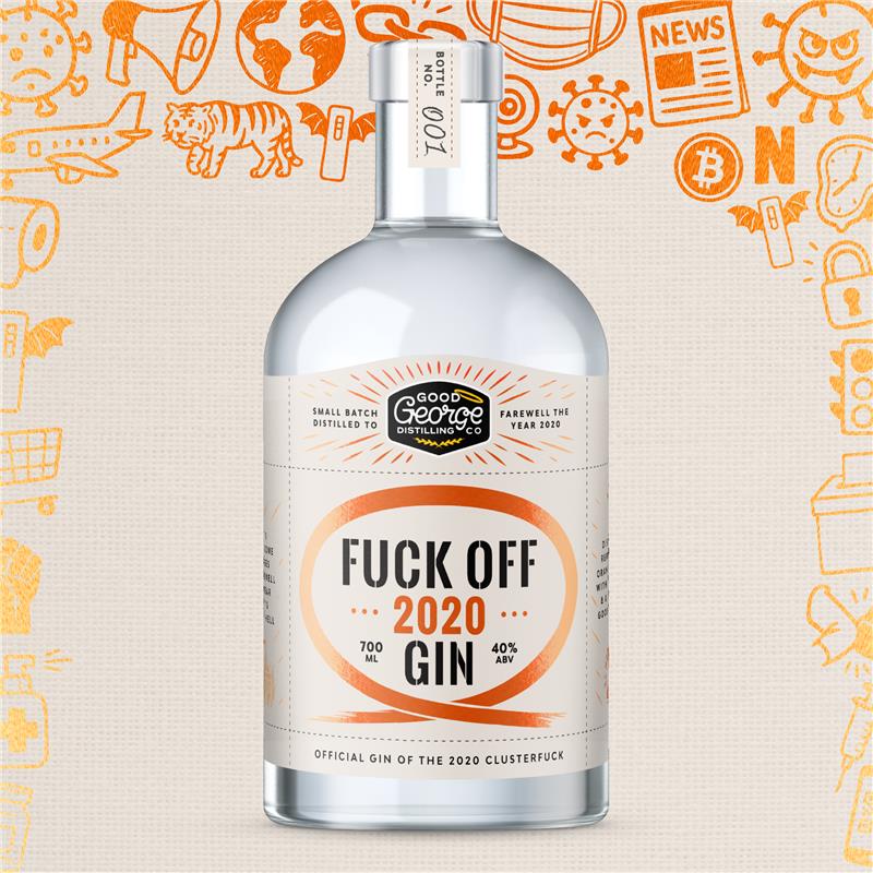Bottle of 'Fuck Off 2020 Gin' with a stylized background featuring various icons.