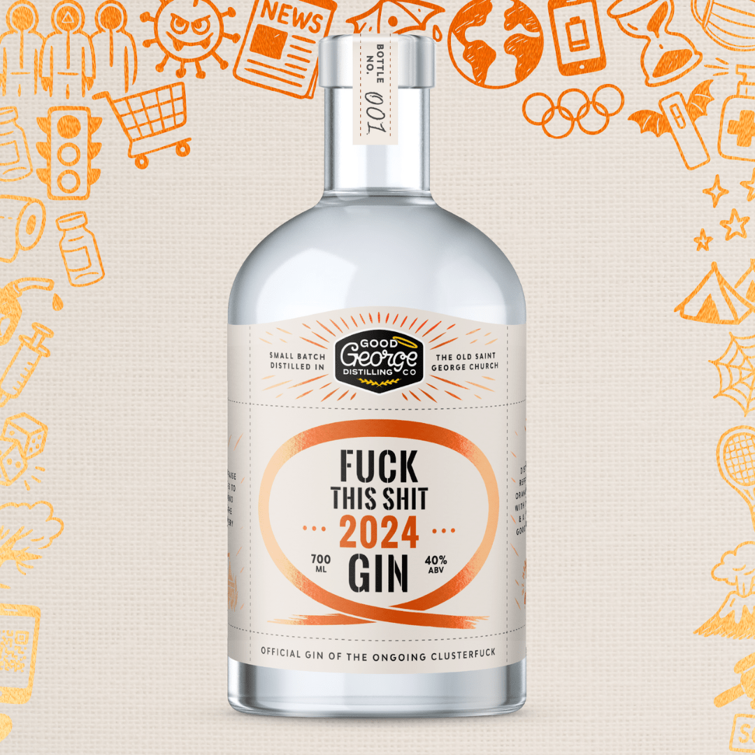 Bottle of Good George Gin with a humorous label on a background with various icons.