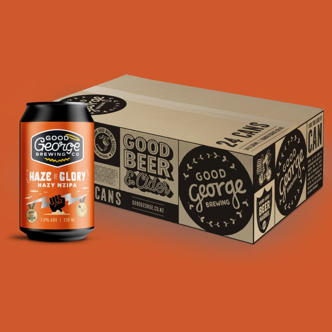 Good George Brewing Co can and box on an orange background