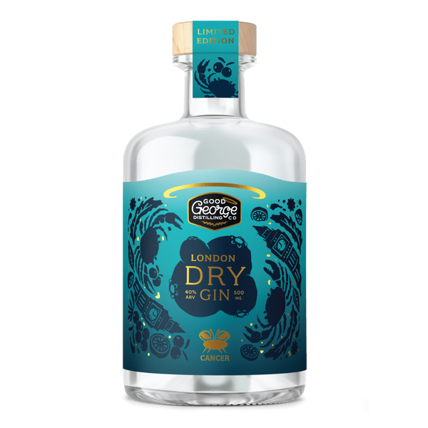 Bottle of Good George London Dry Gin with a blue label on a white background