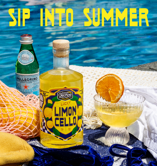 Lucky Limoncello bottle with a glass of limoncello and oranges by a pool, with 'Sip into Summer' text.