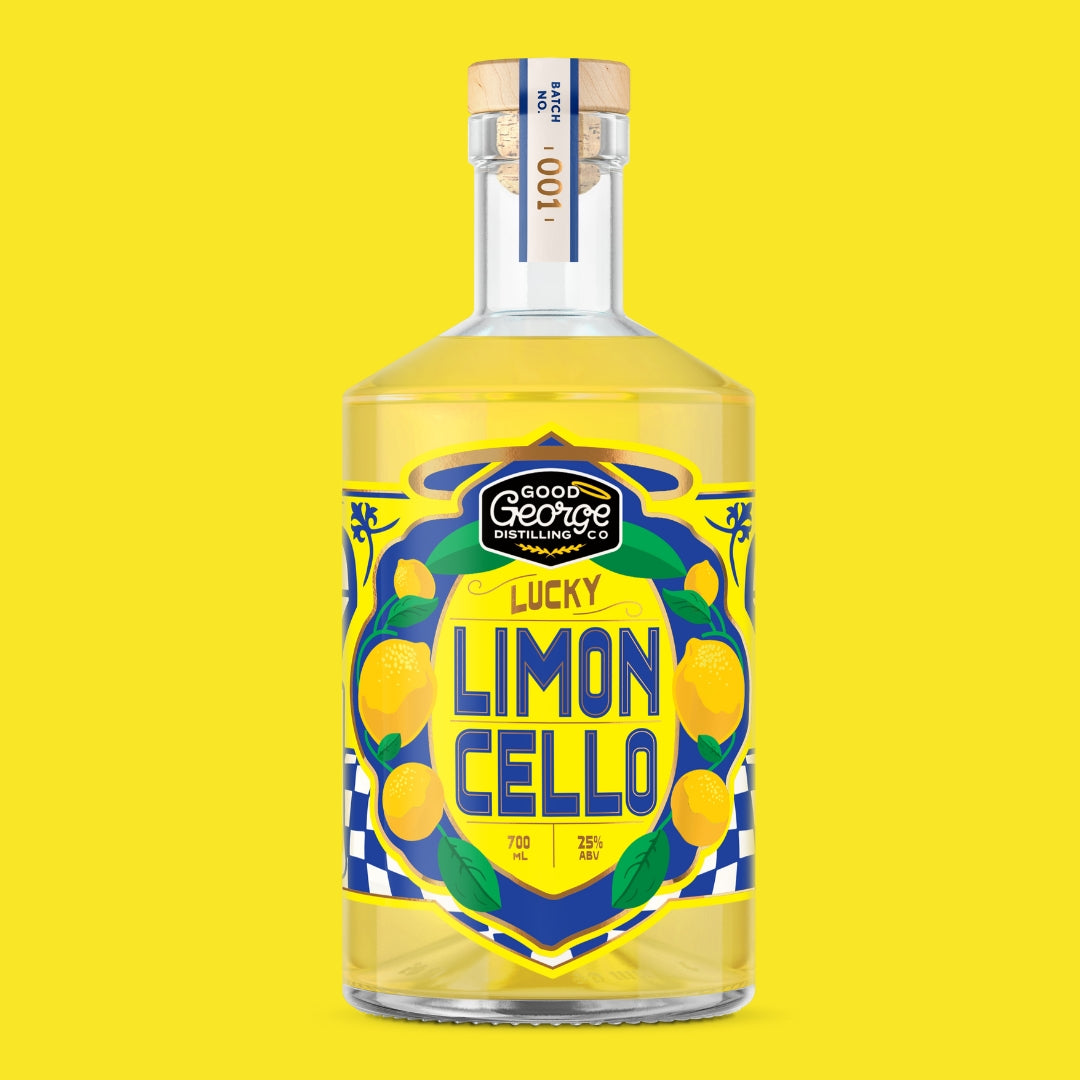 Bottle of Lucky Limon Cello with a colorful label on a yellow background