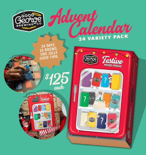 Good George Brewing Co. Advent Calendar with colorful packaging on a green background