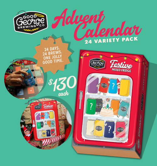 Advent Calendar 24 Variety Pack by Good George Brewing Co., featuring a red retro refrigerator-shaped box with colorful mini bottles and mystery compartments, shown on a teal background with promotional text and circular inset photos.