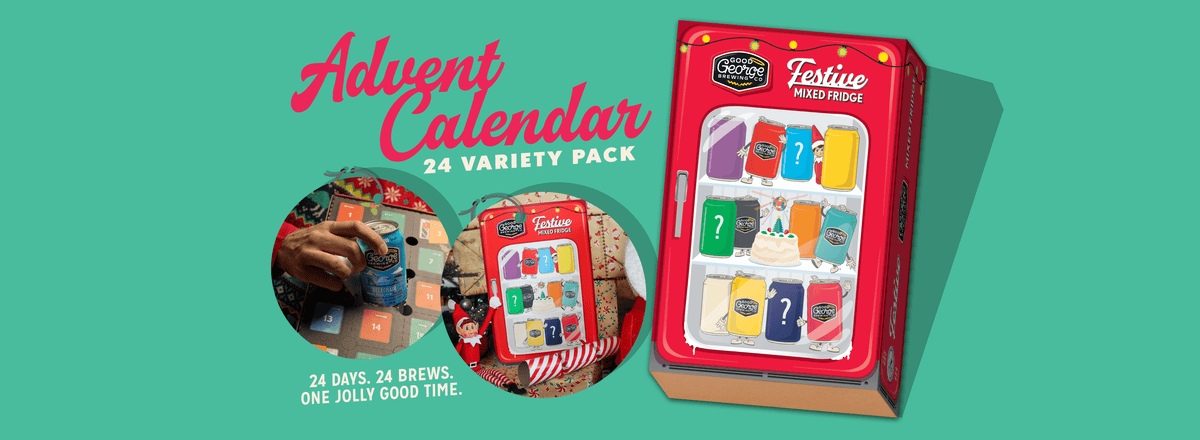 Festive Advent Calendar 24 Variety Pack box set on a teal background, featuring a red box with colorful calendar windows and two circular lifestyle inset photos showing the calendar in use.