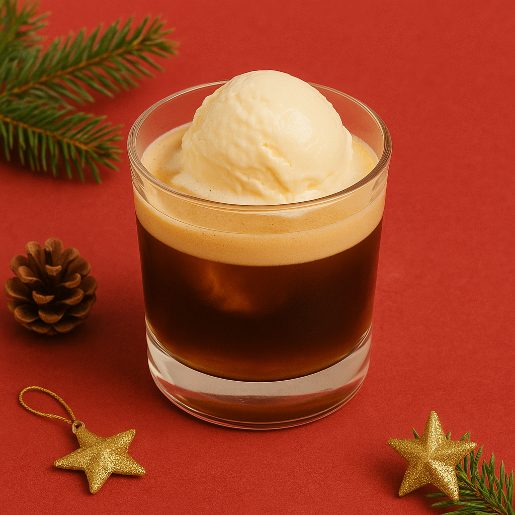 Glass of coffee with ice cream on a red background with Christmas decorations