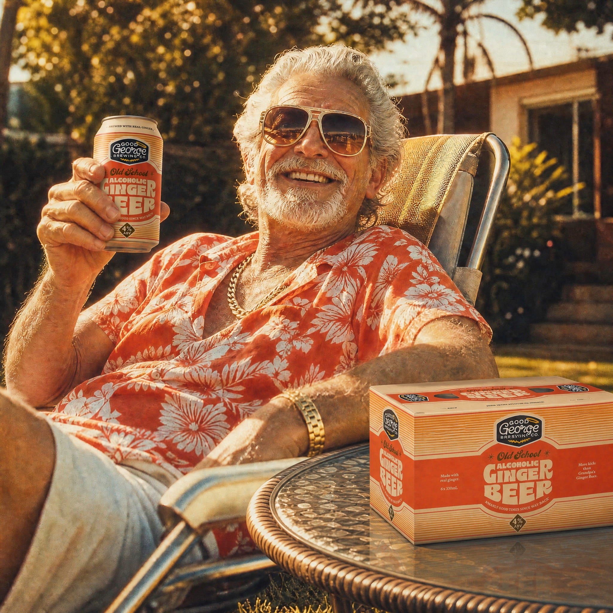 Man sitting outdoors holding a can of Old George's Ginger Beer with a box on a table.