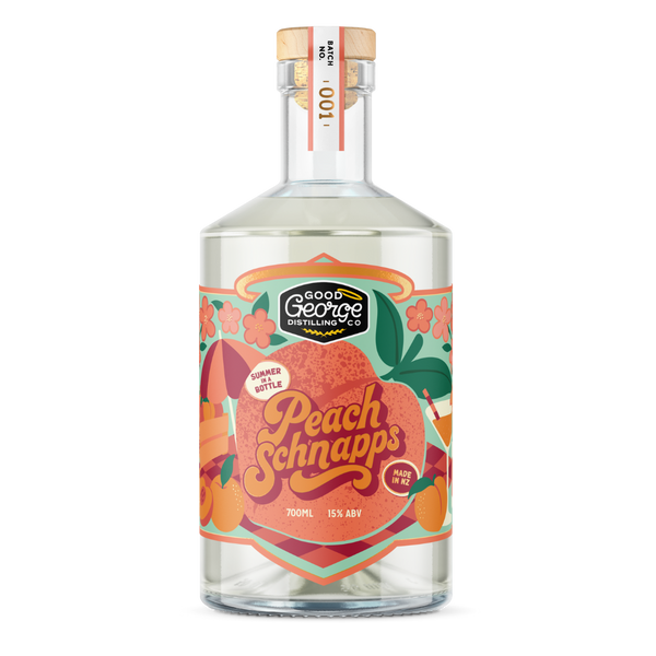 Bottle of Peach Schnapps with a colorful label on a white background