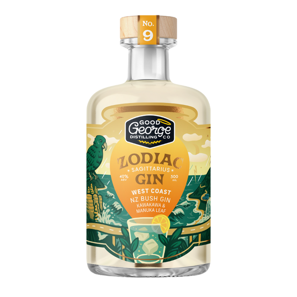 Bottle of Good George Distilling Co. Zodiac Sagittarius Gin on a white background