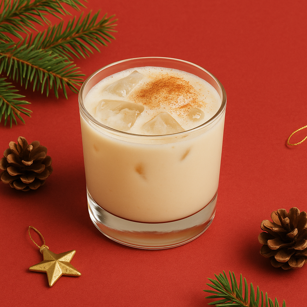 Glass of iced coffee with cinnamon on a red background with Christmas decorations