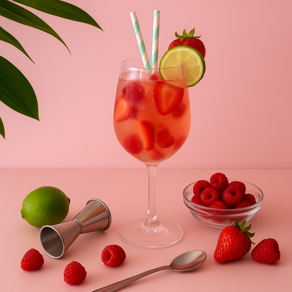 Glass of strawberry and raspberry cocktail with lime, straws, and a pink background