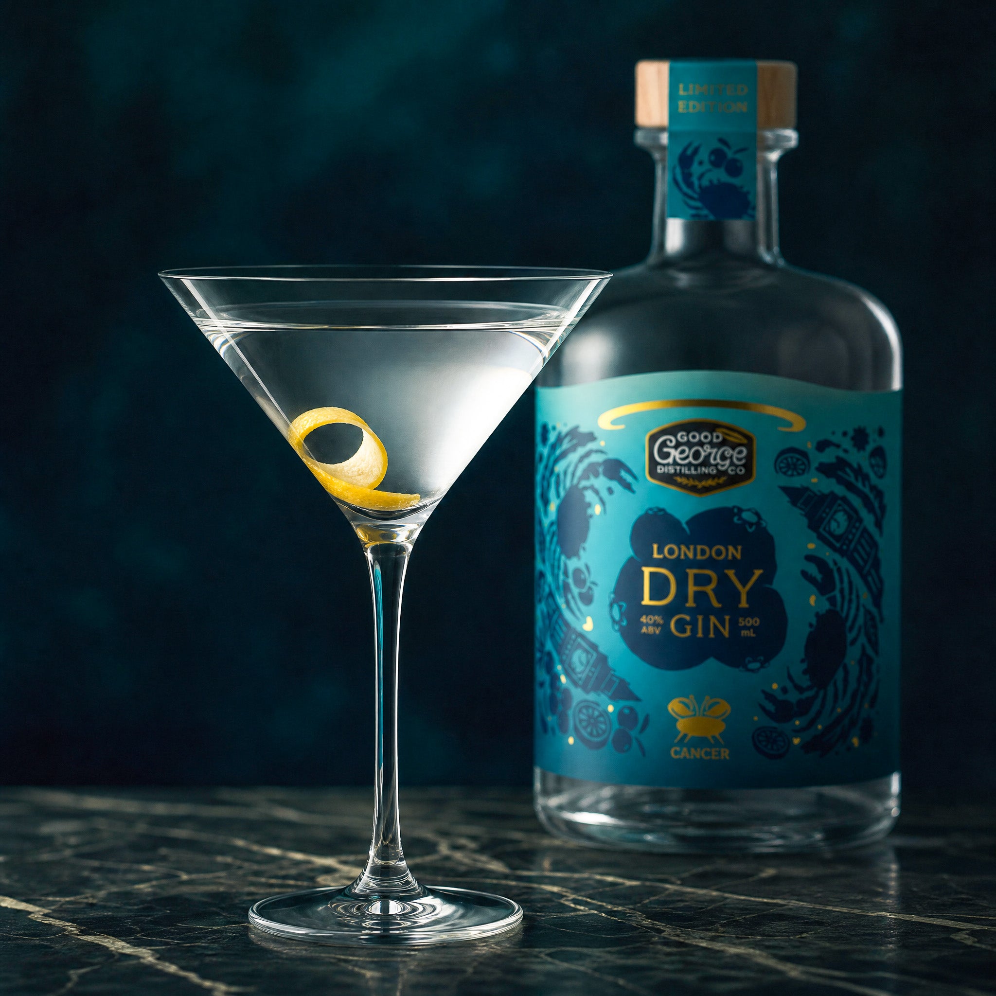 Bottle of London Dry Gin with a cocktail glass containing a clear liquid and lemon twist on a dark background.