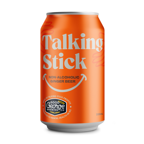 Orange can of Talking Stick non-alcoholic ginger beer with Good George Brewing Co. logo on a white background