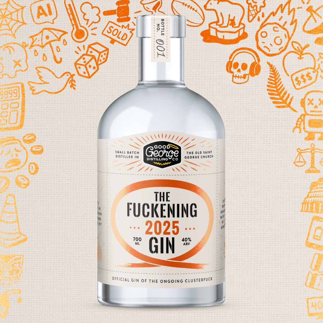 Bottle of 'The Fuckening 2025 Gin' with a stylized background featuring various illustrations.