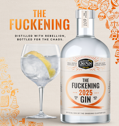 Bottle of 'The Fucking' gin with a glass of gin and tonic on a decorative background.