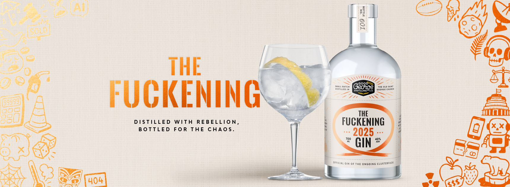 Gin bottle with a glass of gin and tonic on a decorative background, featuring the brand 'The Fuckingening'.