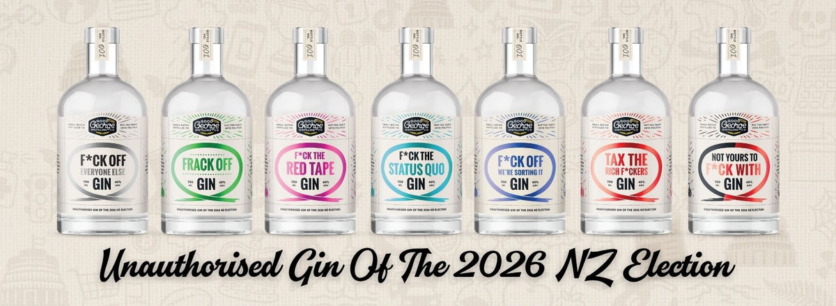 Seven novelty gin bottles with humorous New Zealand election-themed labels are lined up against a textured beige background, with the text 'Unauthorised Gin Of The 2026 NZ Election' written below.