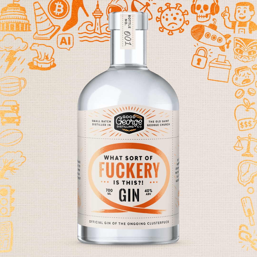 Bottle of Good George gin with a humorous label on a decorative background