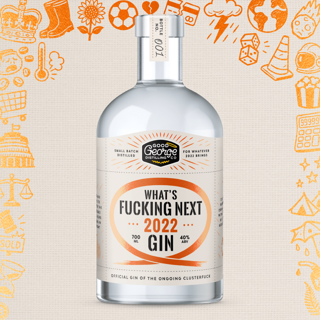 Bottle of Good George Gin with a humorous label on a light background with doodles.
