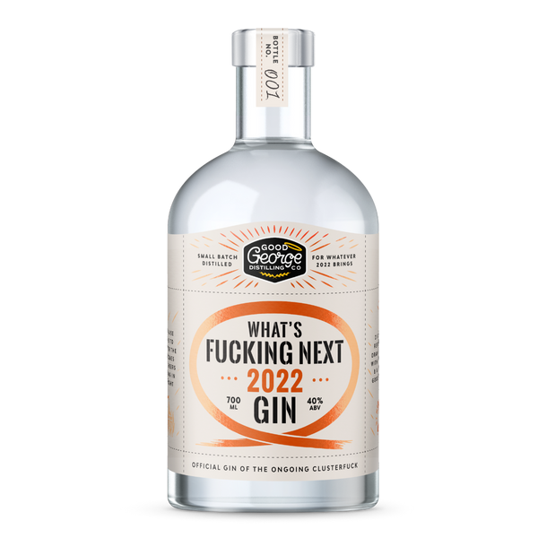Bottle of 'What's Fucking Next 2022 Gin' with a humorous label on a white background