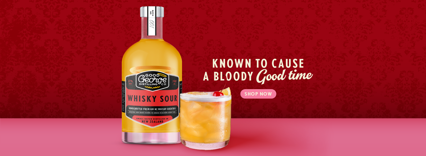 Bottle of Good George's Whisky Sour with a cocktail on a red background