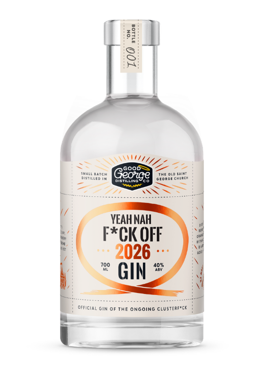 A bottle of Yeah Nah F*ck Off 2026 Gin by Good George Distilling Co. is centred on a clear background