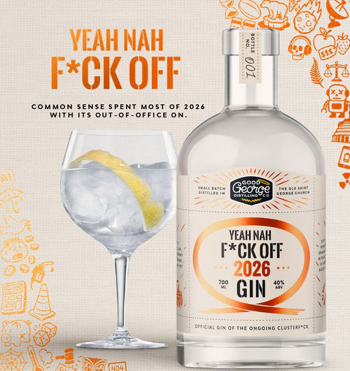 A bottle of Yeah Nah F*ck Off 2026 Gin next to a gin glass with ice and a lemon slice, on a beige background with orange doodle illustrations and promotional text.