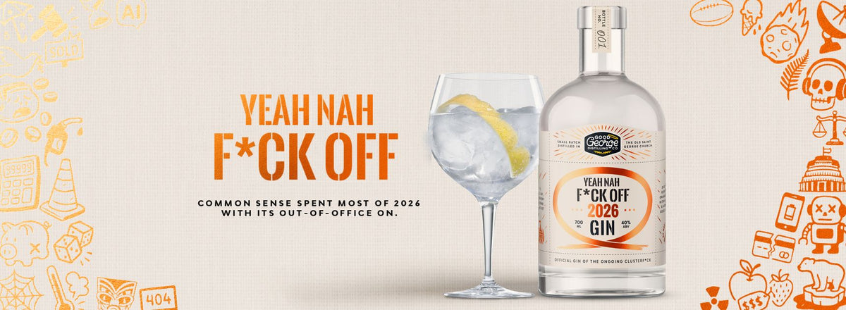 A bottle of Yearning F*ck Off 2026 Gin stands next to a filled martini glass with a lemon slice, on a beige background with orange doodle illustrations and the text 'YEAH NAH F*CK OFF'.
