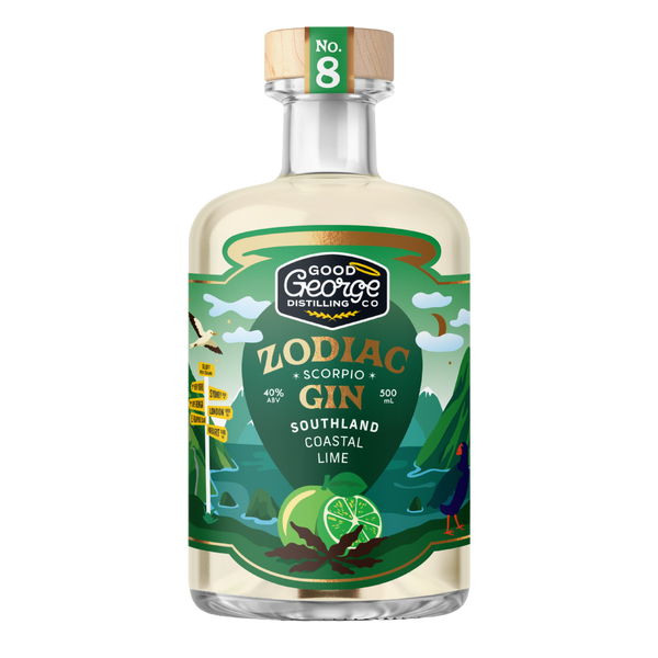 Bottle of Good George Distilling Co. Zodiac Gin with a green label on a white background