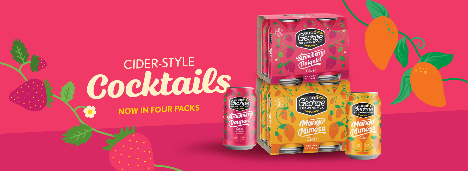 Cider-style cocktails packaging with strawberry and orange graphics on a pink background